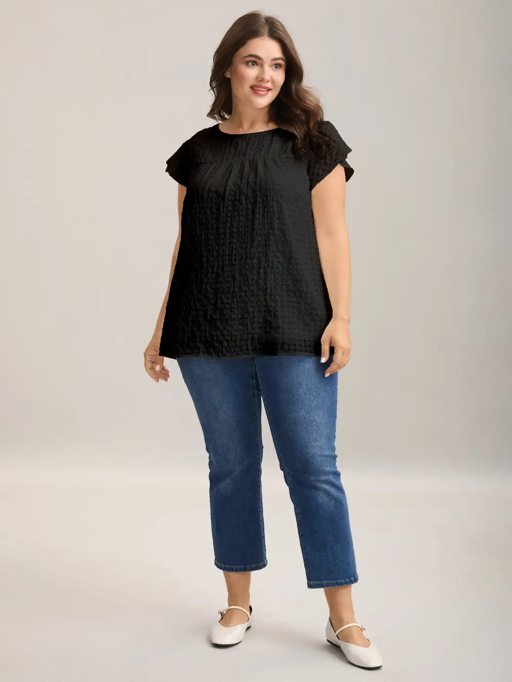 Textured Sheer Lined Flutter Sleeve Blouse