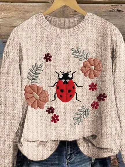 Women's Embroidered Floral Ladybug Print Crew Neck Knit Sweater