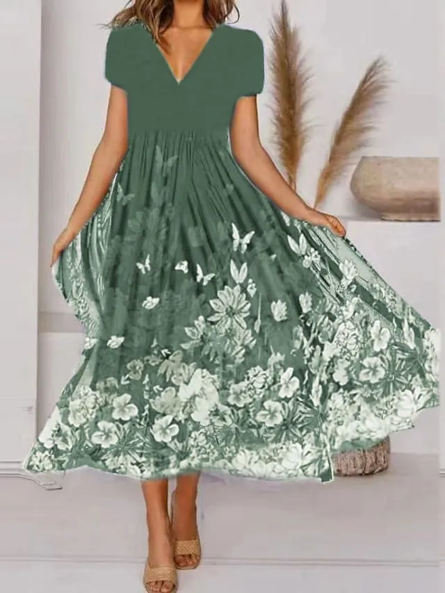 Women‘s A Line Dress Midi Dress Green Blue Short Sleeve Floral Print Spring Summer V Neck Elegant Casual Vintage 2023 S M L XL XXL 3XL