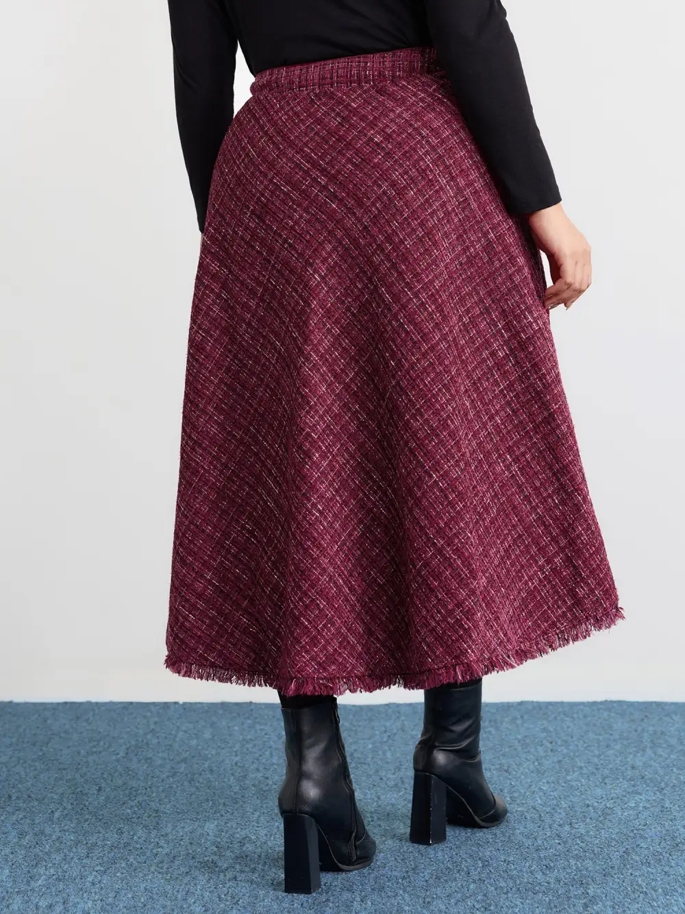 Tweed Fringe Hem Flowy Maxi Skirt