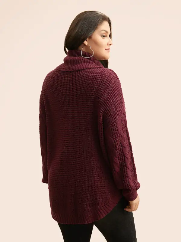 Turtleneck Cable Knit Curved Hem Pullover