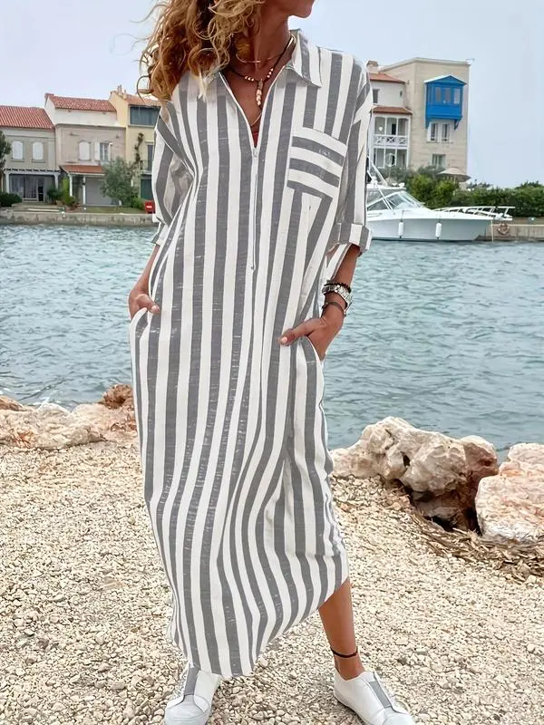 Women's Striped Button-Front Shirt Dress – Elegant Collared Dress for Spring & Fall, Casual & Classy Daily Wear, Perfect for Beach Holidays