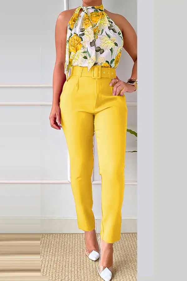 Floral Print Elegant Pussy Bow Pant Suit