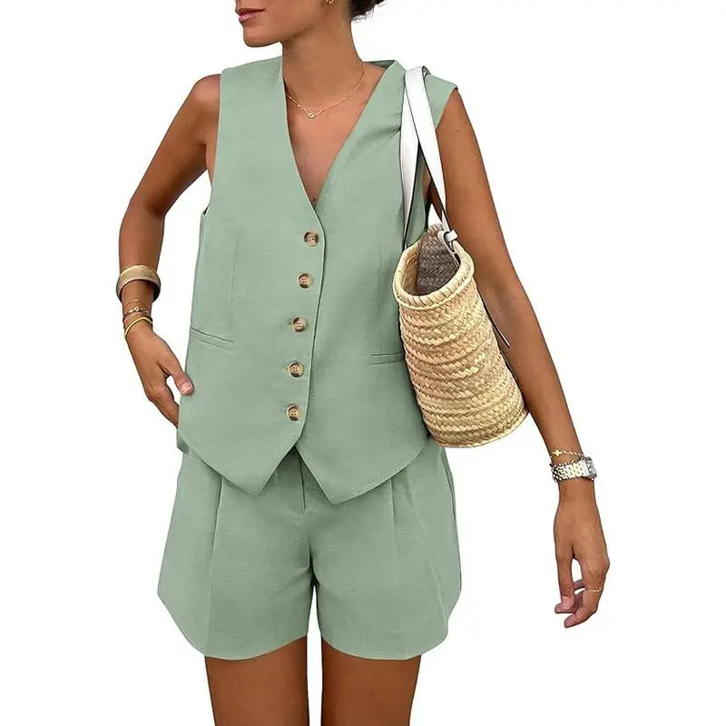 Women's 2-Piece Summer Outfit – Sleeveless V-Neck Button Down Top & Shorts Set with Pockets, Minimalist Casual Loungewear