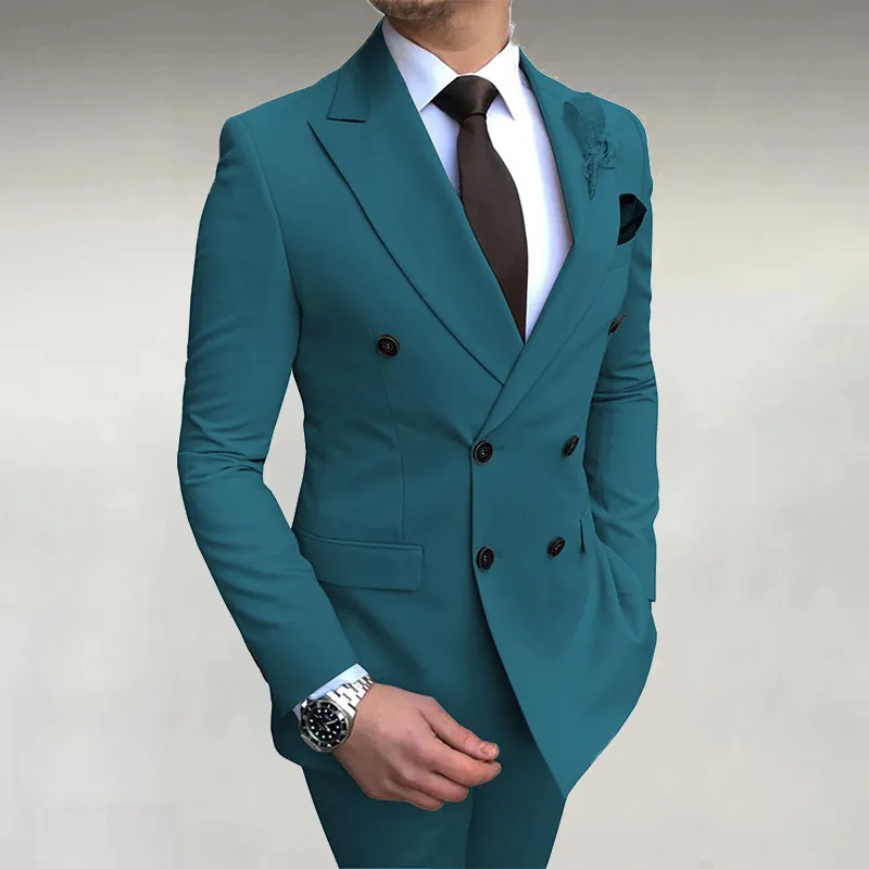 Men's Business Solid Double-Breasted Pocket Lapel Collar Lapel Blazer& Pants 2Pcs Set