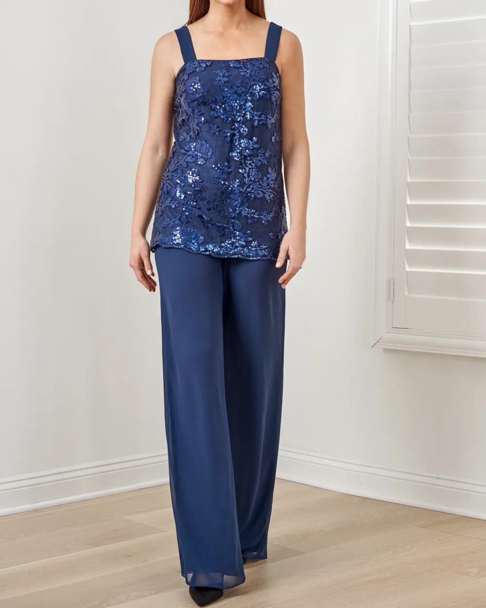 Suit Sequined Chiffon Embroidered Top + Chiffon Long Pants