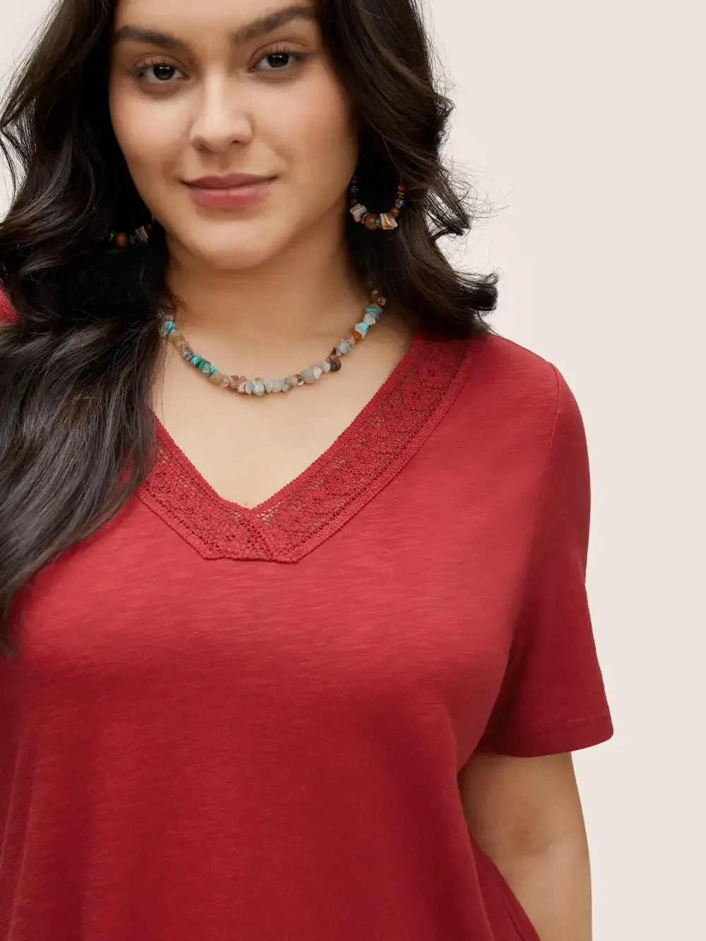 Plain V Neck Lace Panel T-Shirt