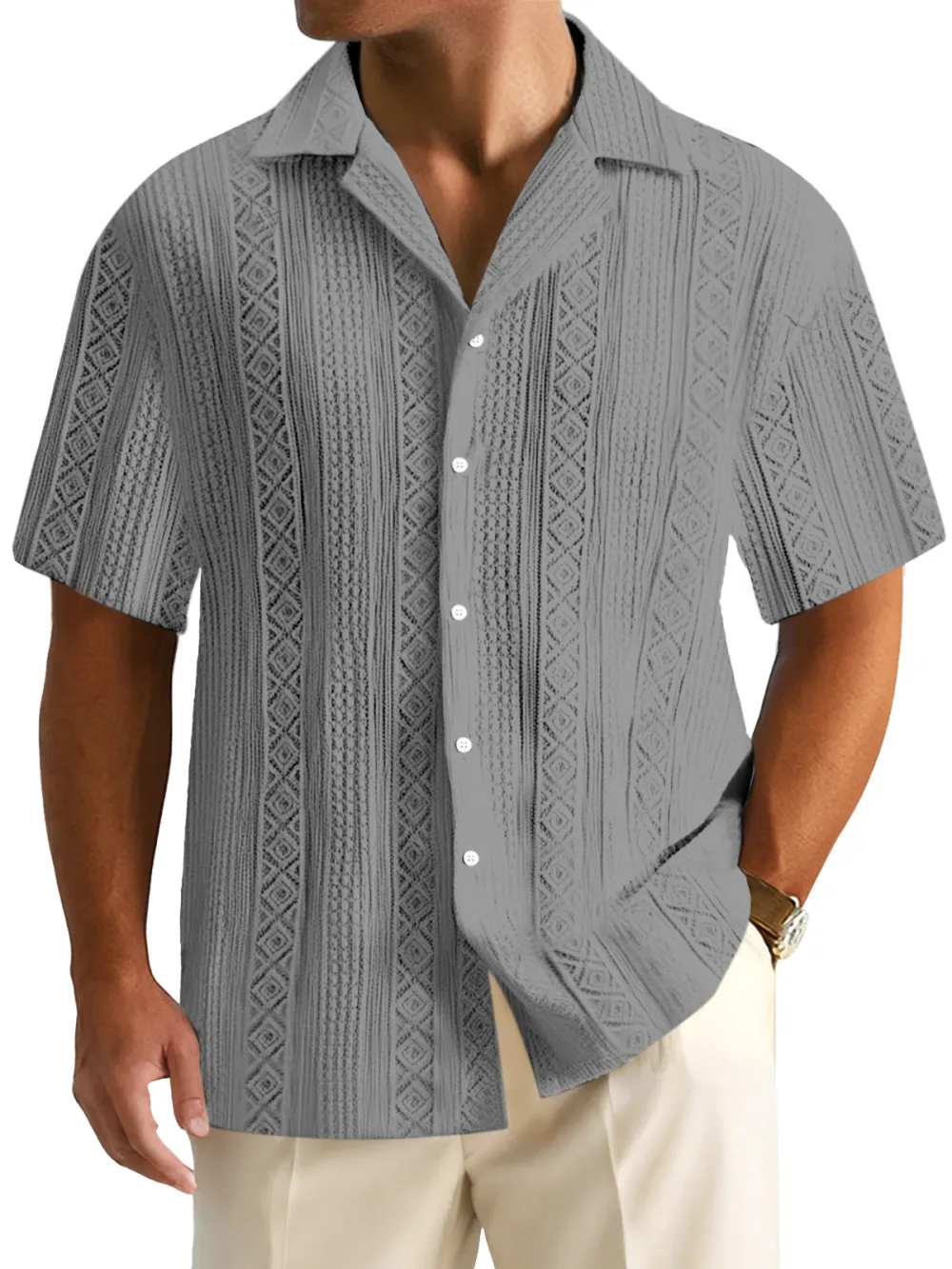 Men's Everyday Solid Color Textured Short-sleeved Cuban Collar Shirt