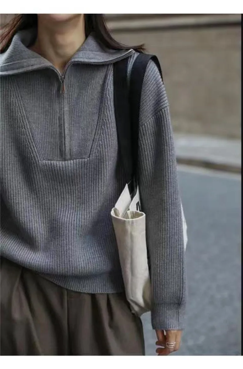 Two Wear Half Zip Large Lapel Soft Waxy Sweater