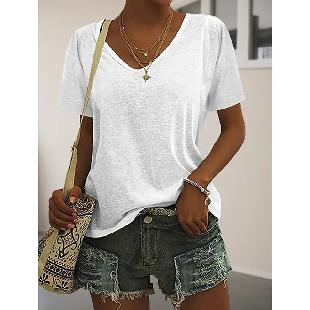 T shirt Tee Women's Black White Dark Red Plain Basic Daily Daily V Neck Regular Fit S