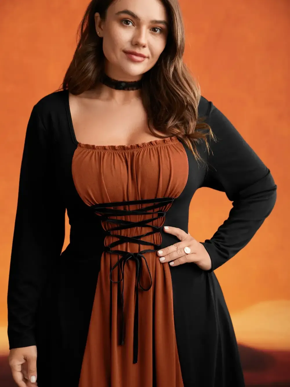 Stretchy Knit Adjustable Tie Frill Trim Midi Dress