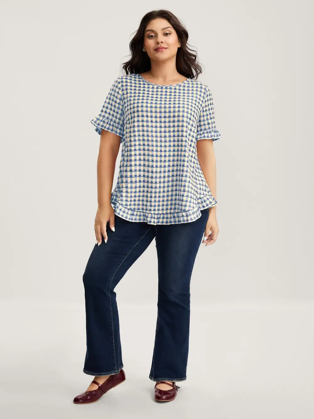 Gingham Print Button Back Blouse
