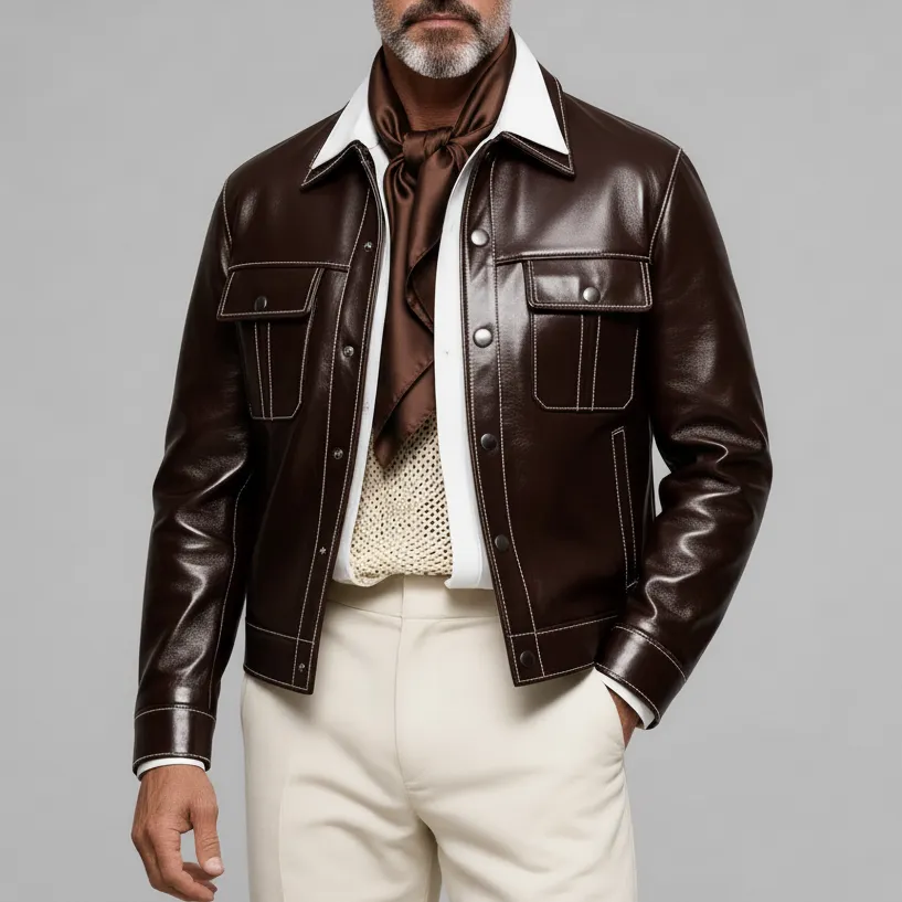 Men's Brown Shirt Collar Long Sleeve Button Contrast Stitched Flap Pockets PU Leather Jacket