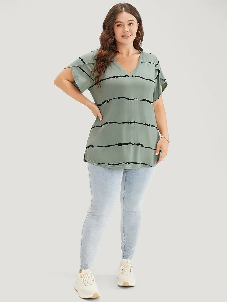 Striped Contrast Petal Sleeve T-shirt