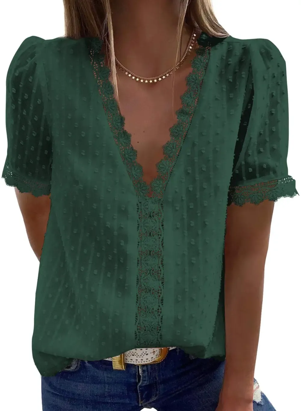 ✨Hot Sale-Women's V Neck Lace Crochet Tunic Tops Flowy Casual Shirts