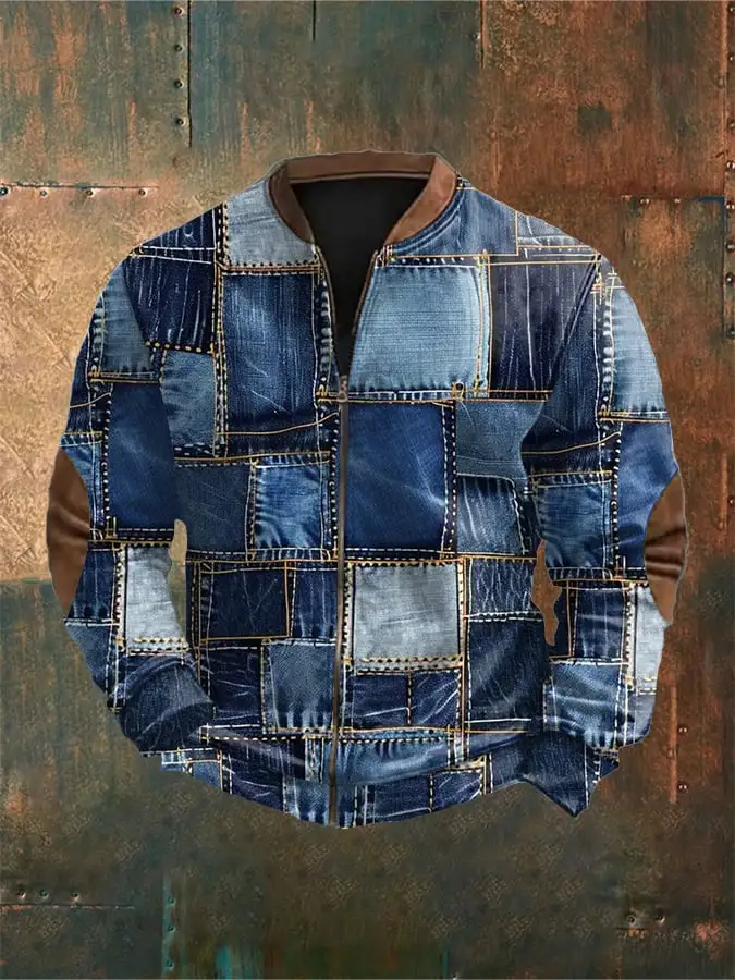 Men's Retro Western Contrast Pattern Zipper Stand Collar Cardigan