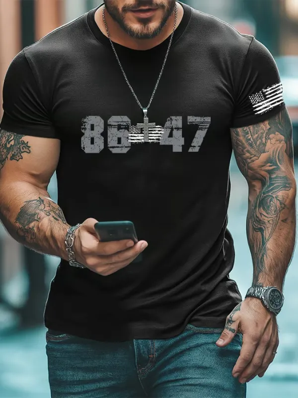 Men'S T-Shirt Men'S Retro 8647 Print Casual Round Neck T-Shirt