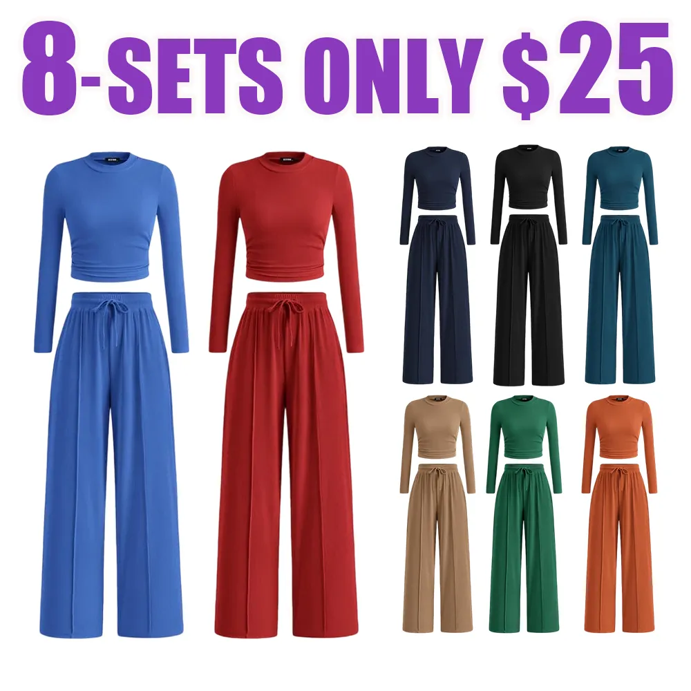 2-Piece Ribbed Knit Long Sleeve Crop Top Wide Leg Pants Matching Lounge Set Loungewear