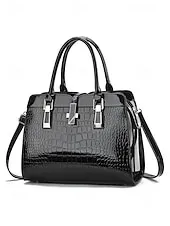 Women's Burgundy Patent Faux Leather Handbag - Croc Embossed Structured Tote Bag with Top Handle and Shoulder Strap, Perfect for Mother's Day Gift, Office, Business and Formal Occasions