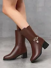 Women's Black Faux Leather Fur-Lined Mid-Calf Winter Boots with Star Charm and Block Heels – Elegant and Warm Footwear for Cold Weather