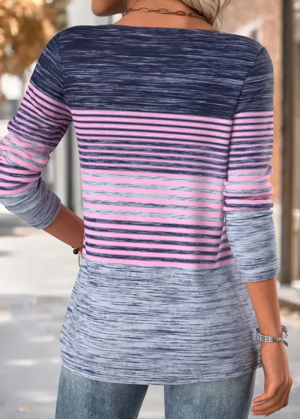 Purple Striped Long Sleeve Split Neck T Shirt