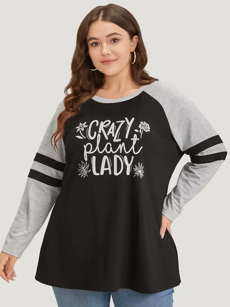 Letter & Floral Print Striped Patchwork Raglan Sleeve Sweatshirt