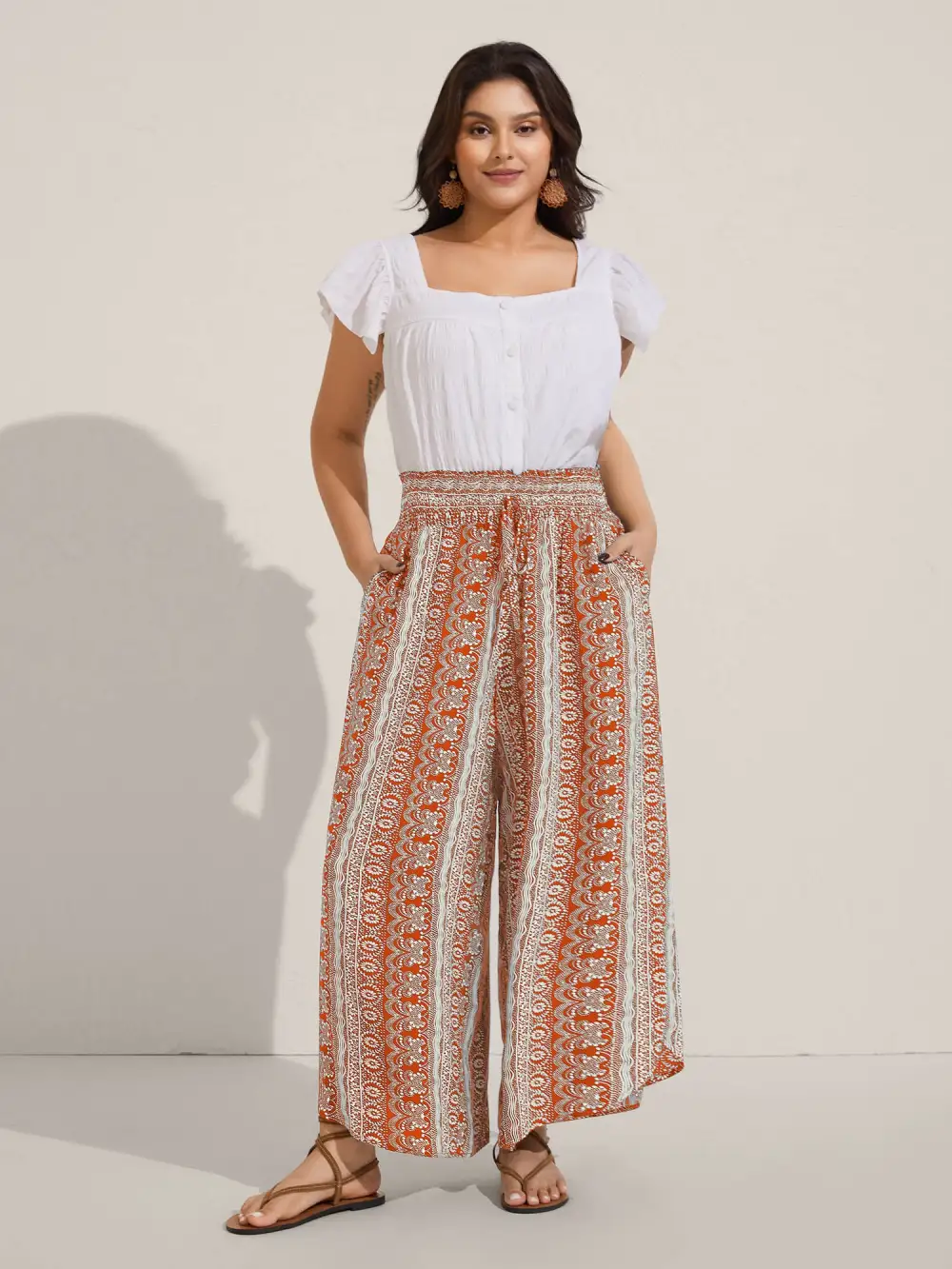 Boho Print Shirred Waist Wide-Leg Pants