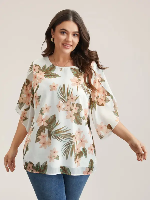 Petal Sleeve Floral Round Neck Shirt