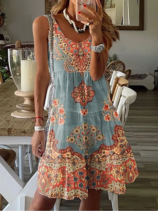 Women's Sundress Tank Dress Floral Ruched Print U Neck Midi Dress Tropical Vacation Beach Sleeveless Summer Spring