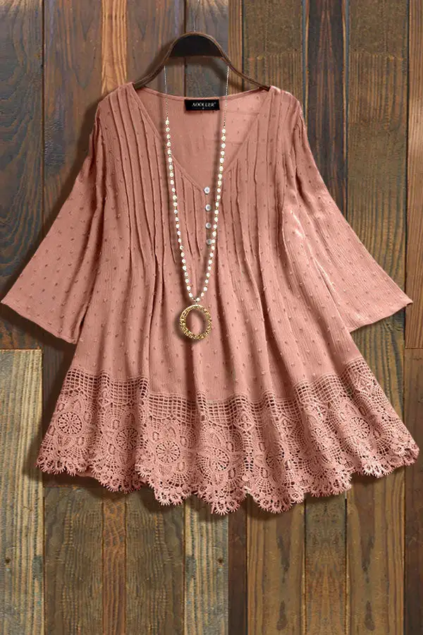 Solid Jacquard V-Neck Lace Patchwork Shirt