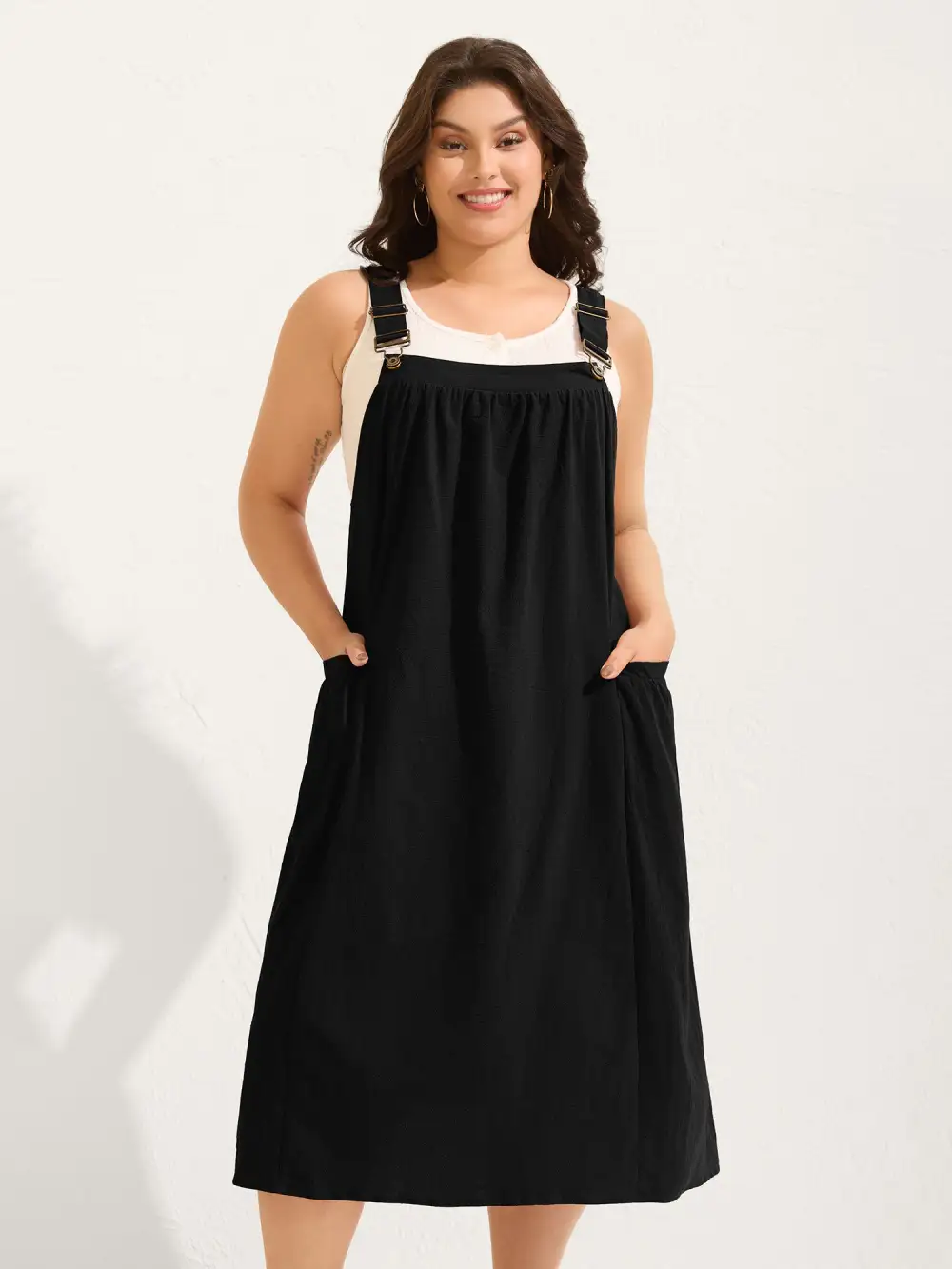 Pure Cotton Pleated Pockets Midi Dress