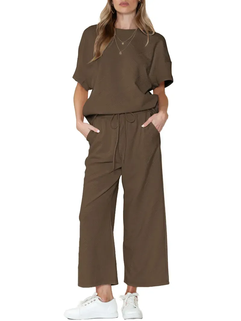 ✨Women's Textured Loose Fit T Shirt and Drawstring Pants Casual Set