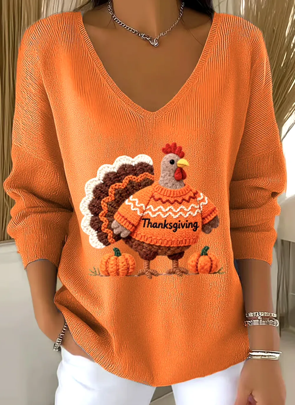 Casual V Neck Cotton Animal Sweater
