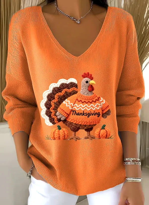 Casual V Neck Cotton Animal Sweater