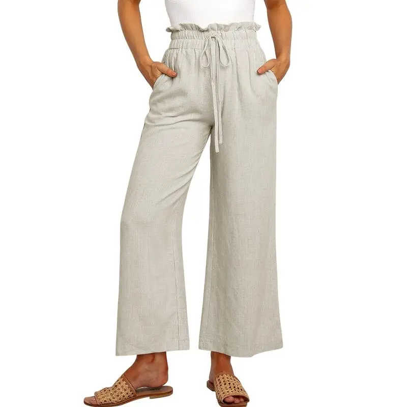 Women's Linen Wide Leg Pants – High Waist Drawstring Trousers with Pockets