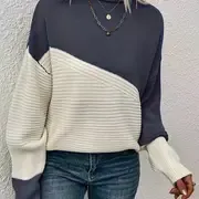 Womens Elegant Color Block Funnel Neck Pullover Sweater - Soft High Elasticity Acrylic Knit Fabric, Long Sleeve Drop Shoulder Design, Easy Care Hand Wash or Dry Clean, Perfect for Fall and Winter