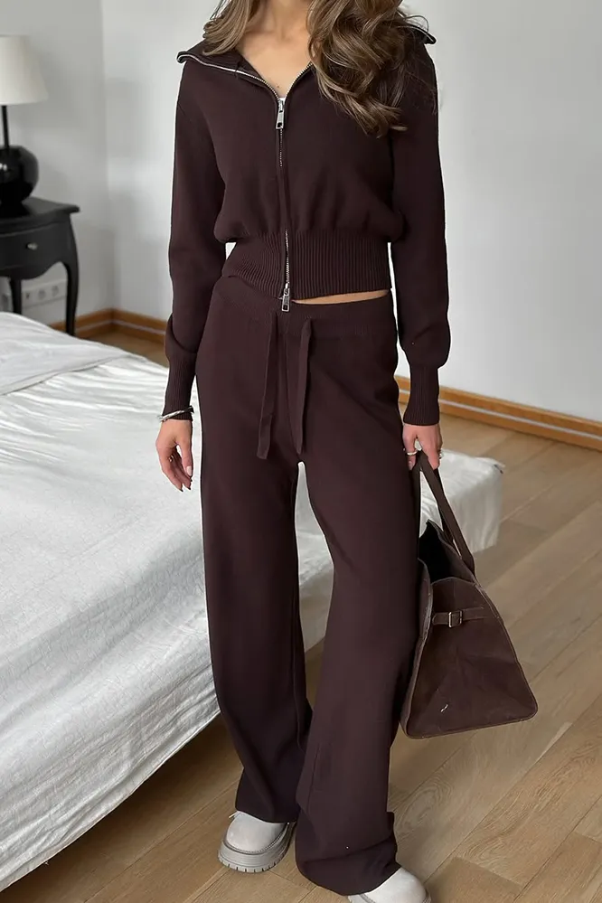 Women's Solid Color Knitted Zipper Top & Pants Two Piece Set