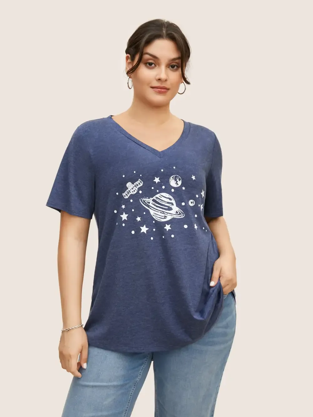 Moon And Star Print V Neck T-Shirt