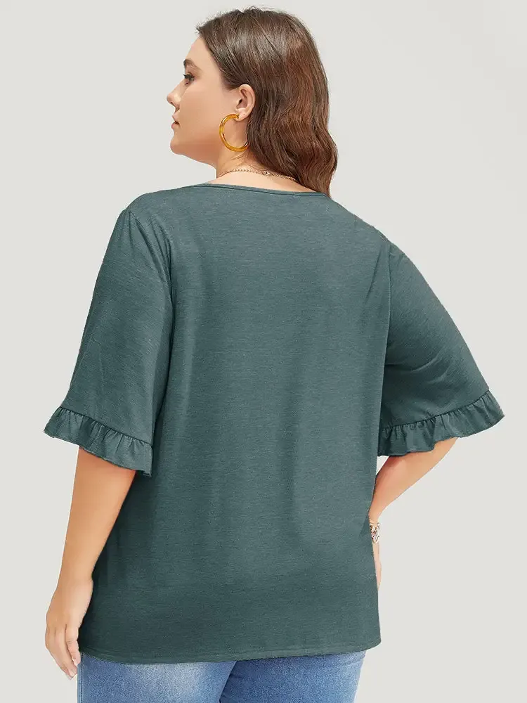 Solid Gathered Ruffle Trim Flounce Sleeve T-shirt