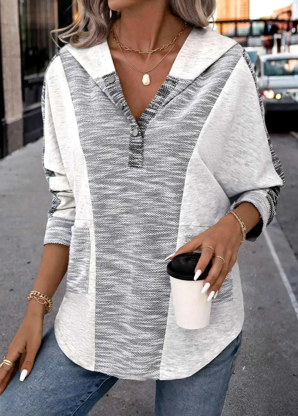 Light Grey Patchwork Long Sleeve Hoodie