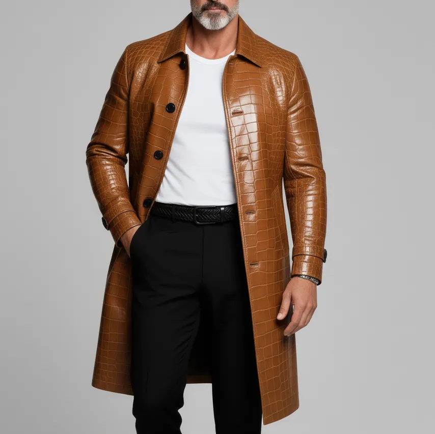 Men's Brown Shirt Collar Long Sleeve Button Crocodile Pattern PU Leather Trench Coat