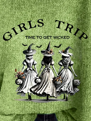 Women's Funny Halloween Witch Girls Trip Time To Get Wicked Knitted Casual Loose Sweater