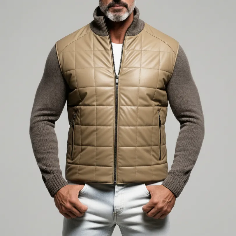 Men's Khaki Quilted PU Leather Patchwork Knitted Stand Collar Long Sleeve Zipper Pocket Jacket
