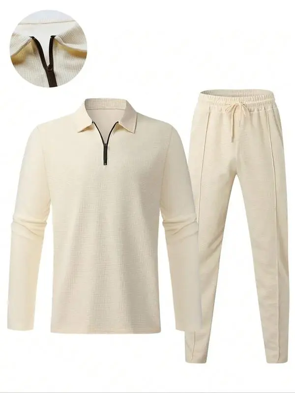 Men's Solid Textured Long Sleeve Polo Shirt & Drawstring Waist Pants Set