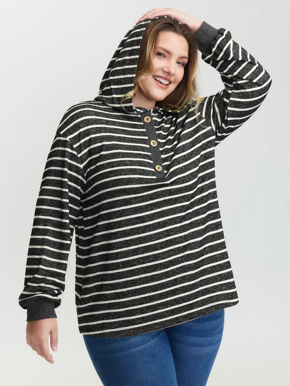 Striped Color Contrast Button Hoodie