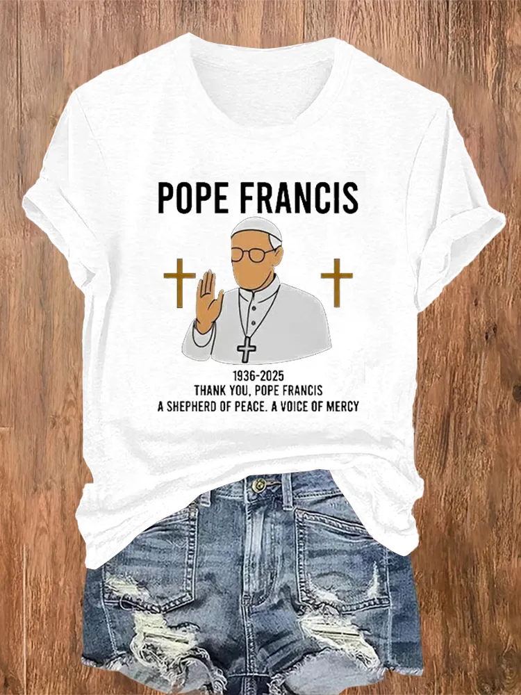 Women's Thank You PF A Shepherd Of Peace A Voice Of Mercy Print Short Sleeve Round Neck Cotton T-Shirt