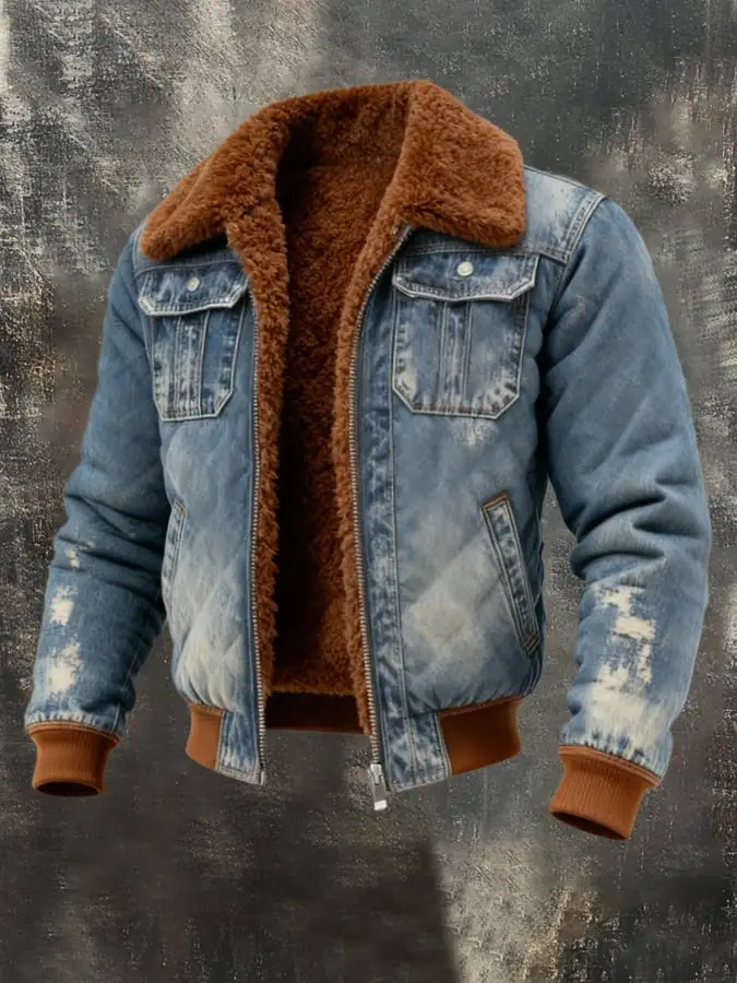 Men'S Vintage Distressed Warm Fleece Outdoor Jacket