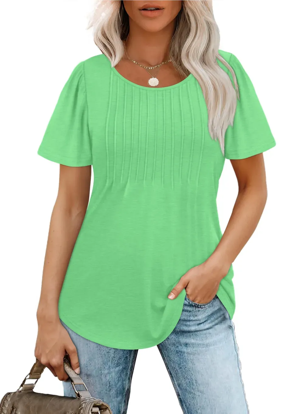🌞Women's Short Sleeve Pleated Dressy Casual Scooped Neck Tops
