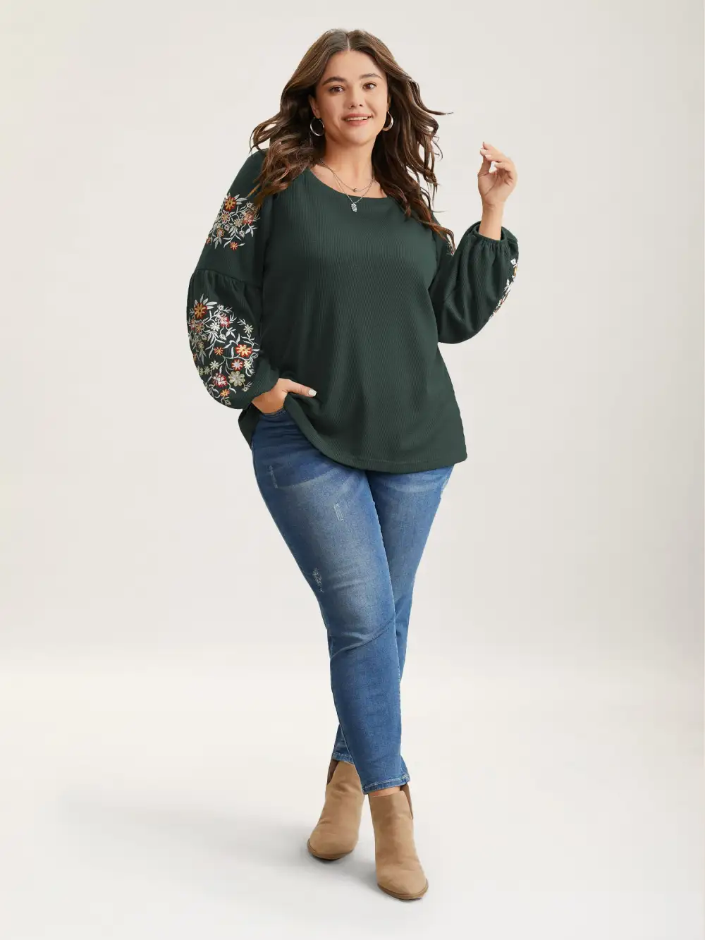 Waffle Knit Floral Embroidered Lantern Sleeve T-shirt