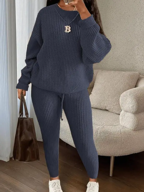 Women's Solid Drop Shoulder Long Sleeve Sweater & Drawstring Waist Pants Set